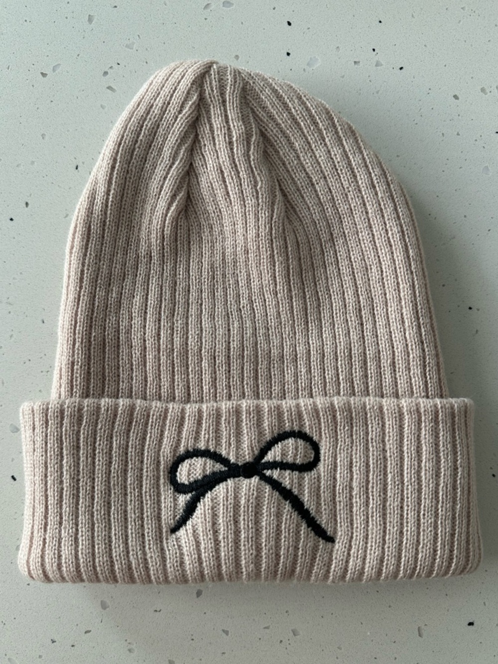 NEW Zenana Ash Mocha Black Bow Embroidered Ribbed Knit Beanie